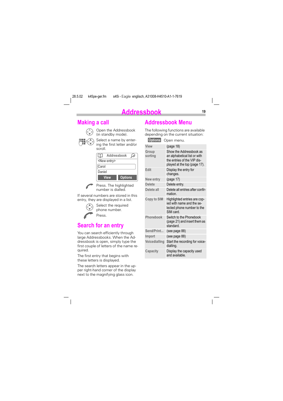 Making a call, Search for an entry, Addressbook menu | Making a call search for an entry addressbook menu, Addressbook | Siemens S45i User Manual | Page 20 / 110