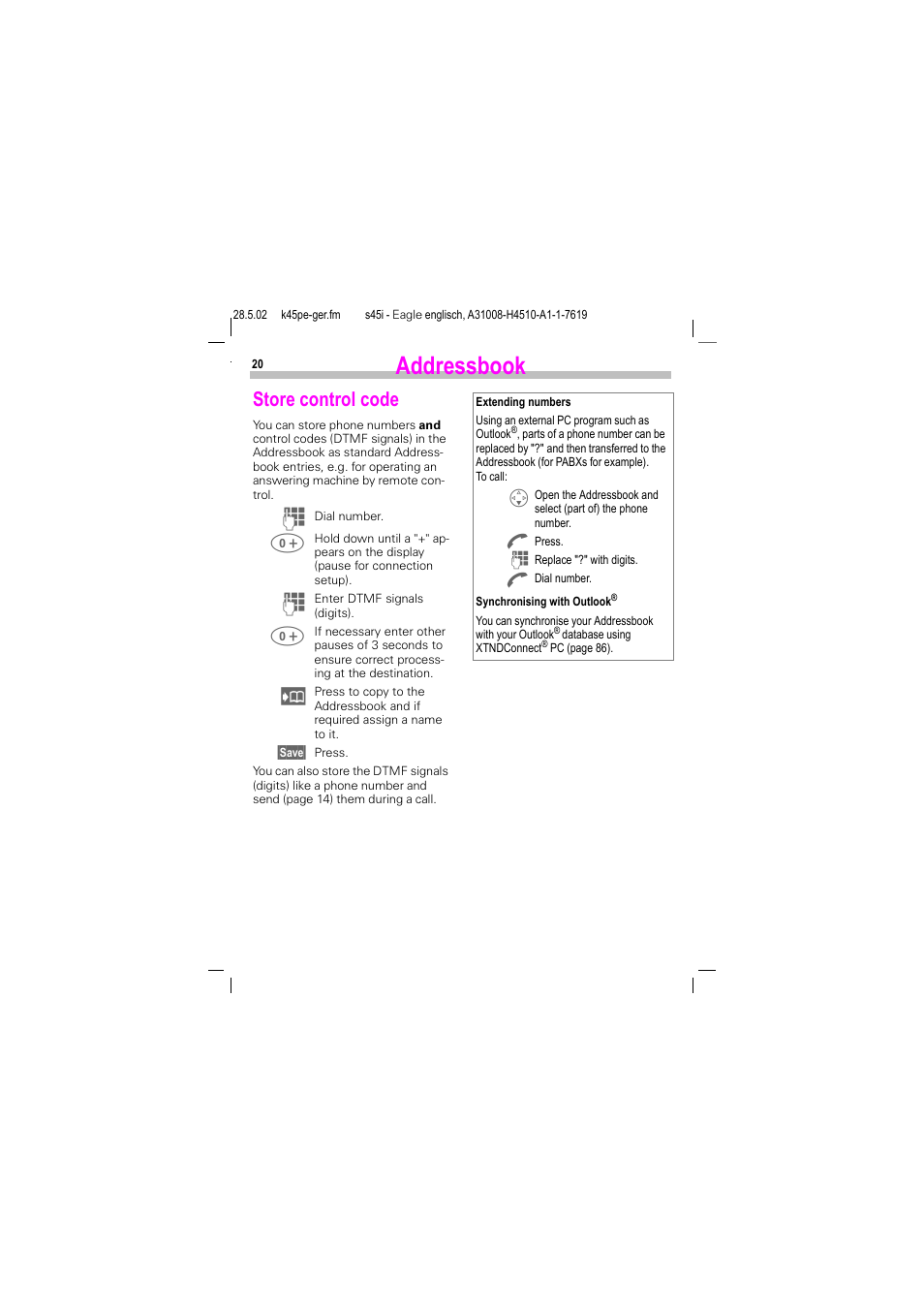 Store control code, Addressbook | Siemens S45i User Manual | Page 21 / 110