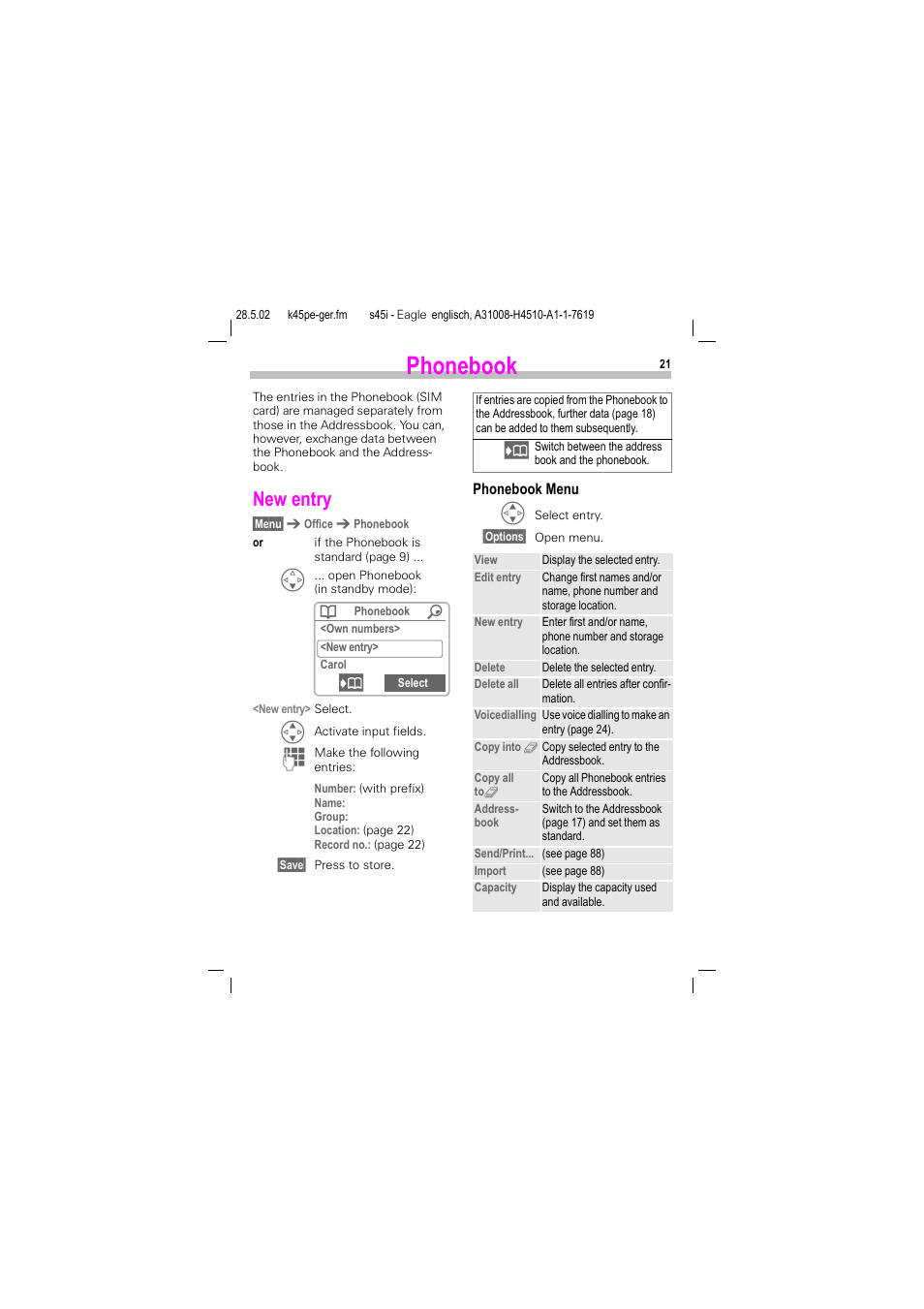 Phonebook, New entry | Siemens S45i User Manual | Page 22 / 110