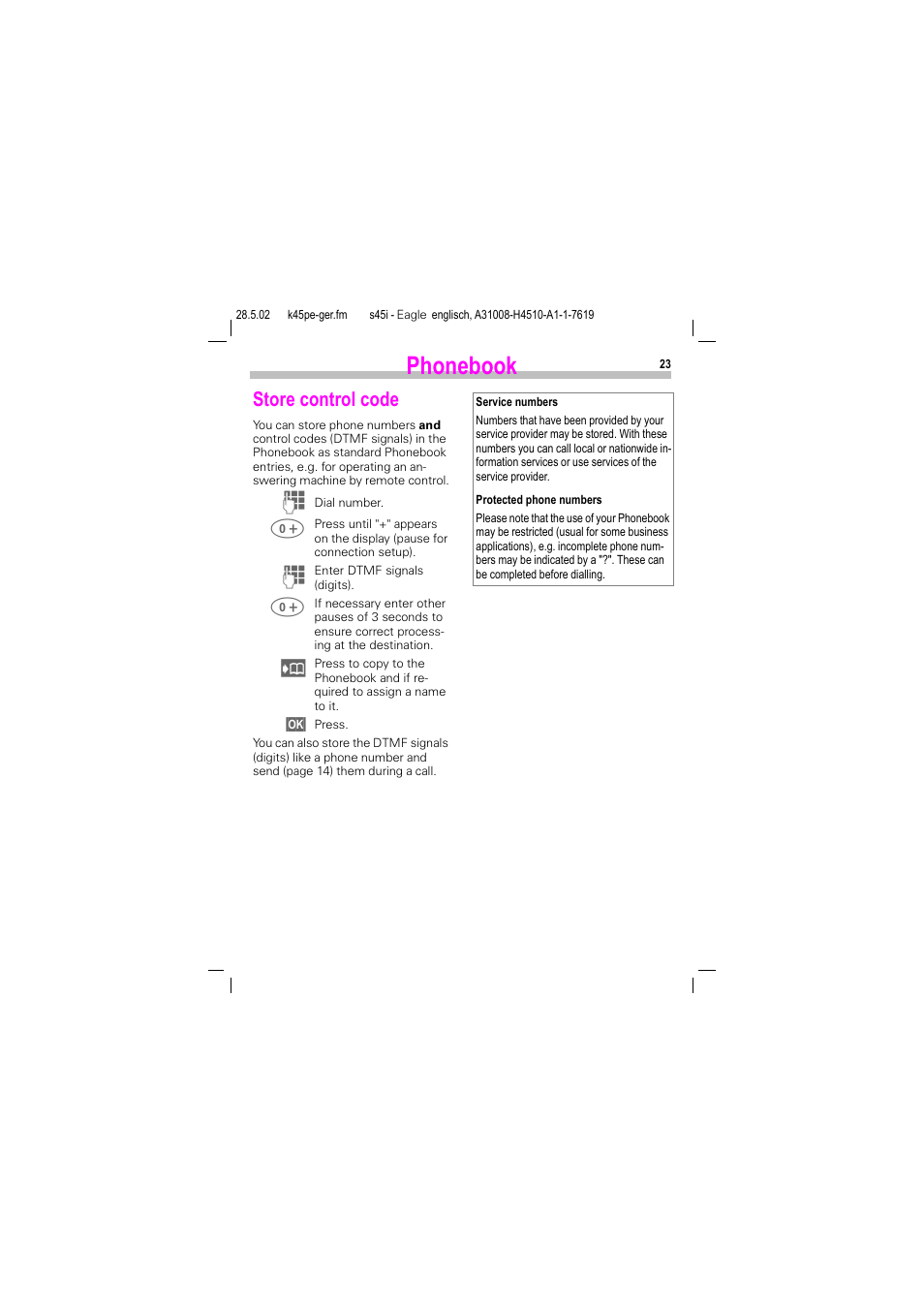 Store control code, Phonebook | Siemens S45i User Manual | Page 24 / 110