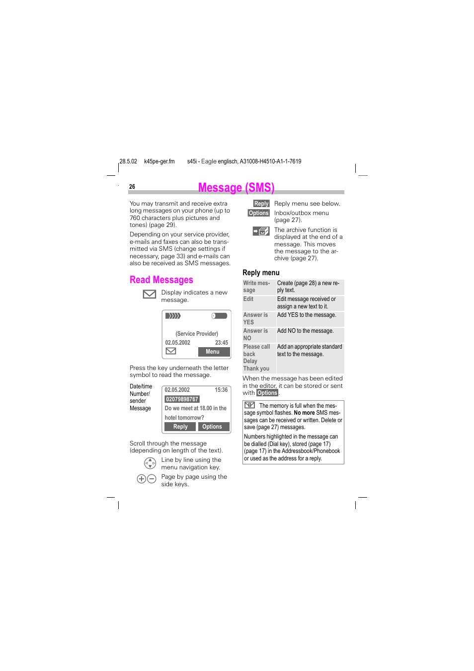 Message (sms), Read messages | Siemens S45i User Manual | Page 27 / 110