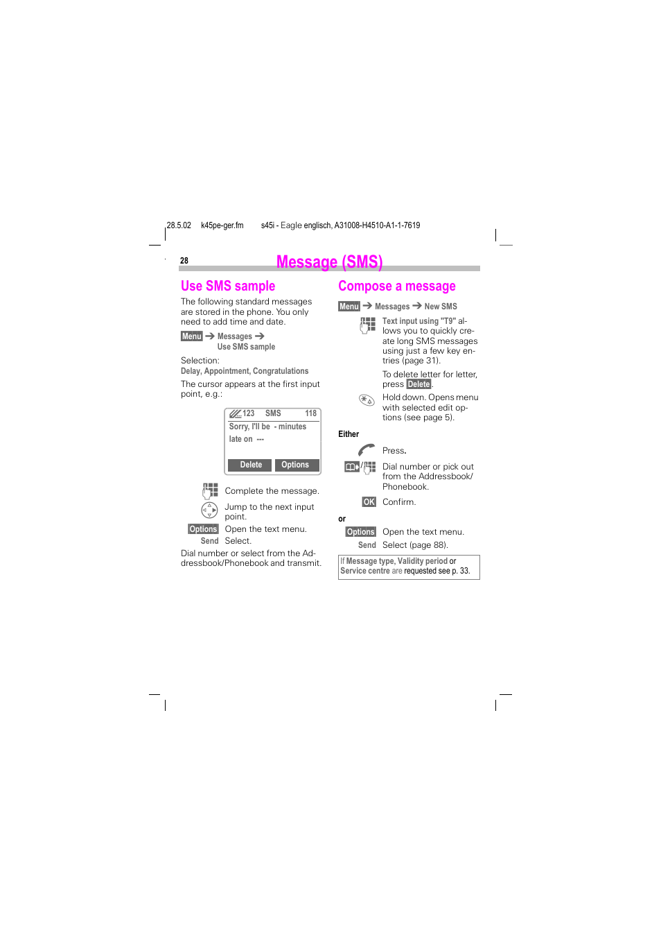 Use sms sample, Compose a message, Use sms sample compose a message | Message (sms) | Siemens S45i User Manual | Page 29 / 110