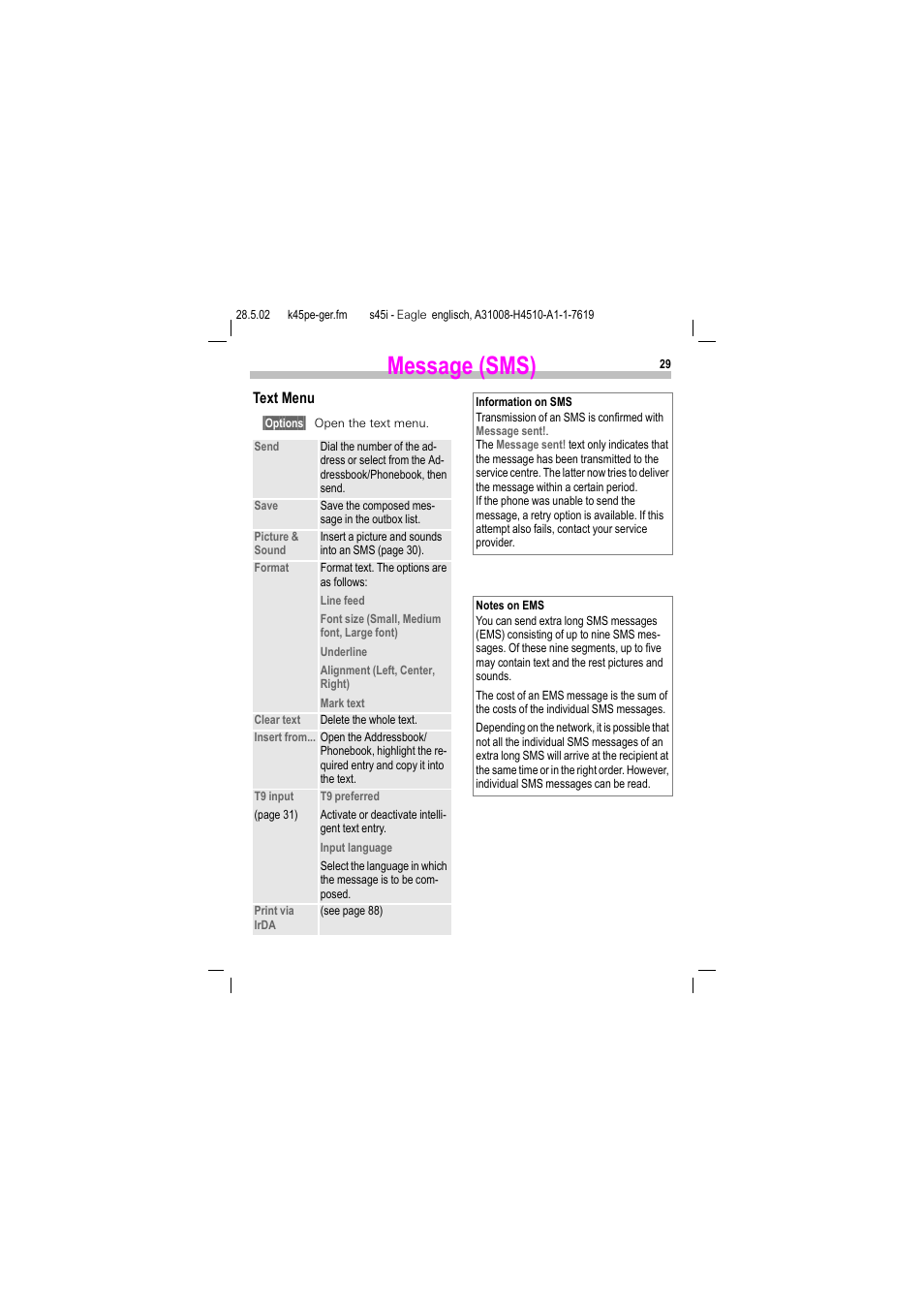 Message (sms) | Siemens S45i User Manual | Page 30 / 110