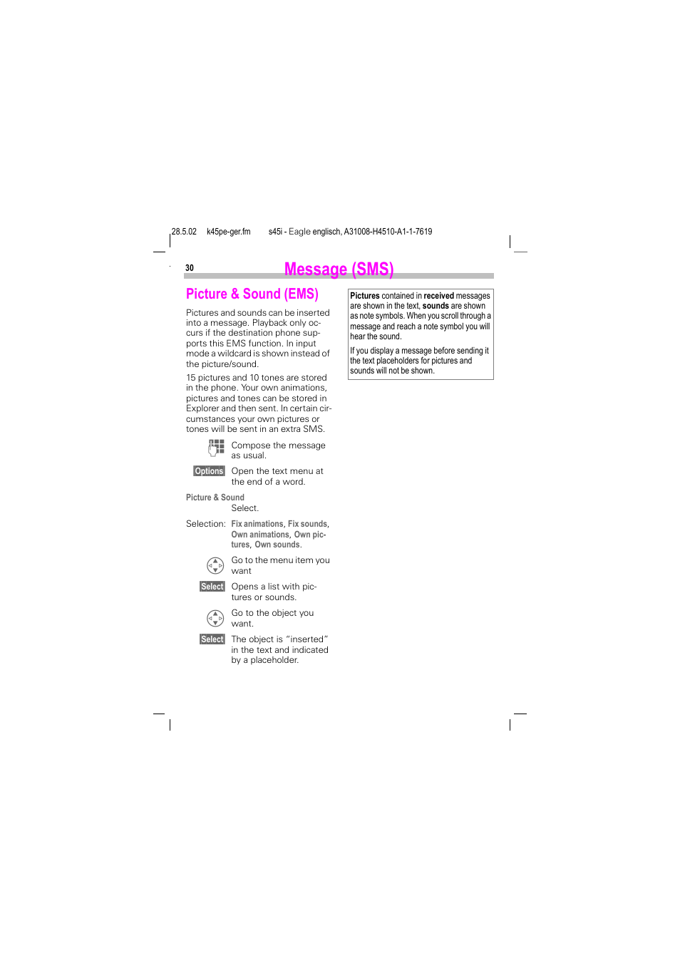 Picture & sound (ems), Message (sms) | Siemens S45i User Manual | Page 31 / 110