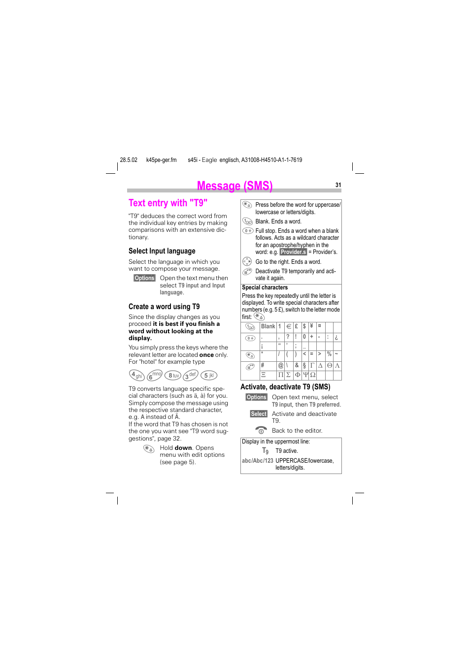 Text entry with "t9, Message (sms) | Siemens S45i User Manual | Page 32 / 110