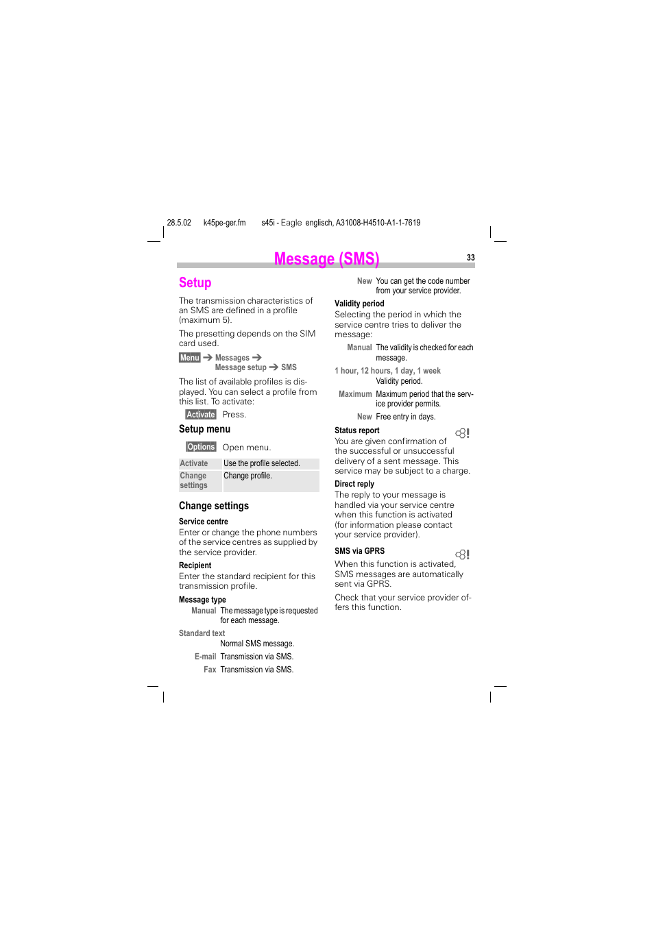 Setup, Ed see p. 33, Message (sms) | Siemens S45i User Manual | Page 34 / 110