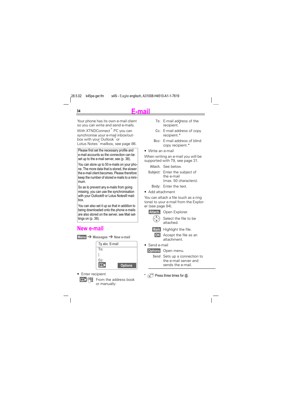 E-mail, New e-mail | Siemens S45i User Manual | Page 35 / 110