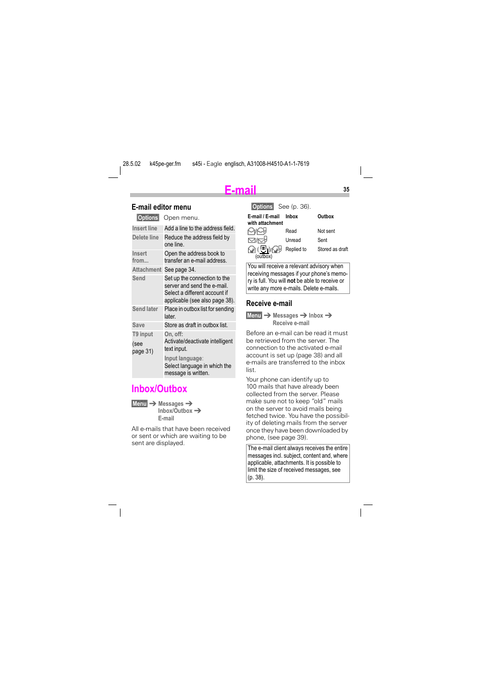 Inbox/outbox, E-mail | Siemens S45i User Manual | Page 36 / 110