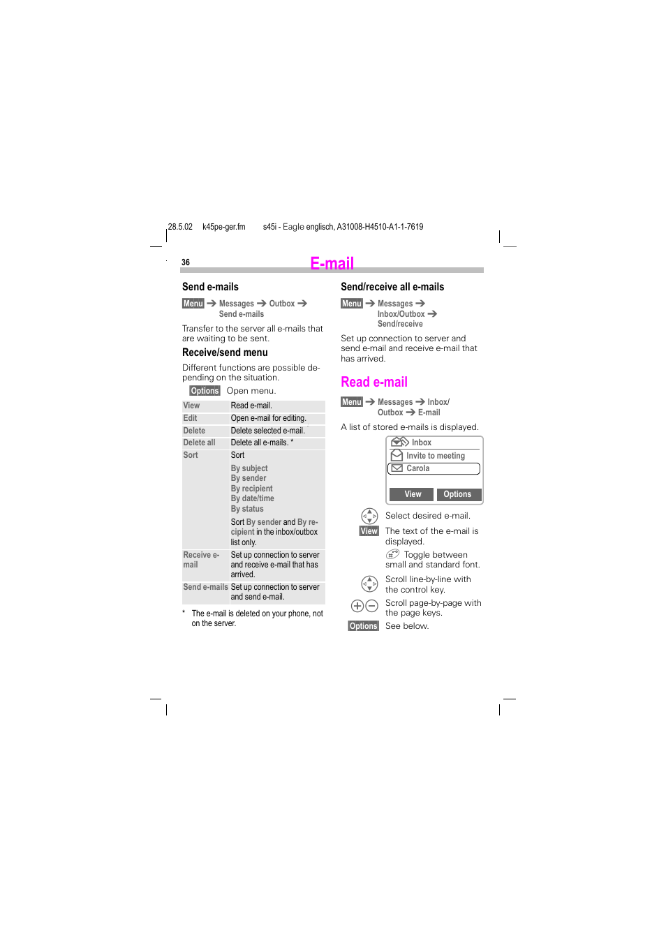 Read e-mail, E (p. 36), E-mail | Siemens S45i User Manual | Page 37 / 110
