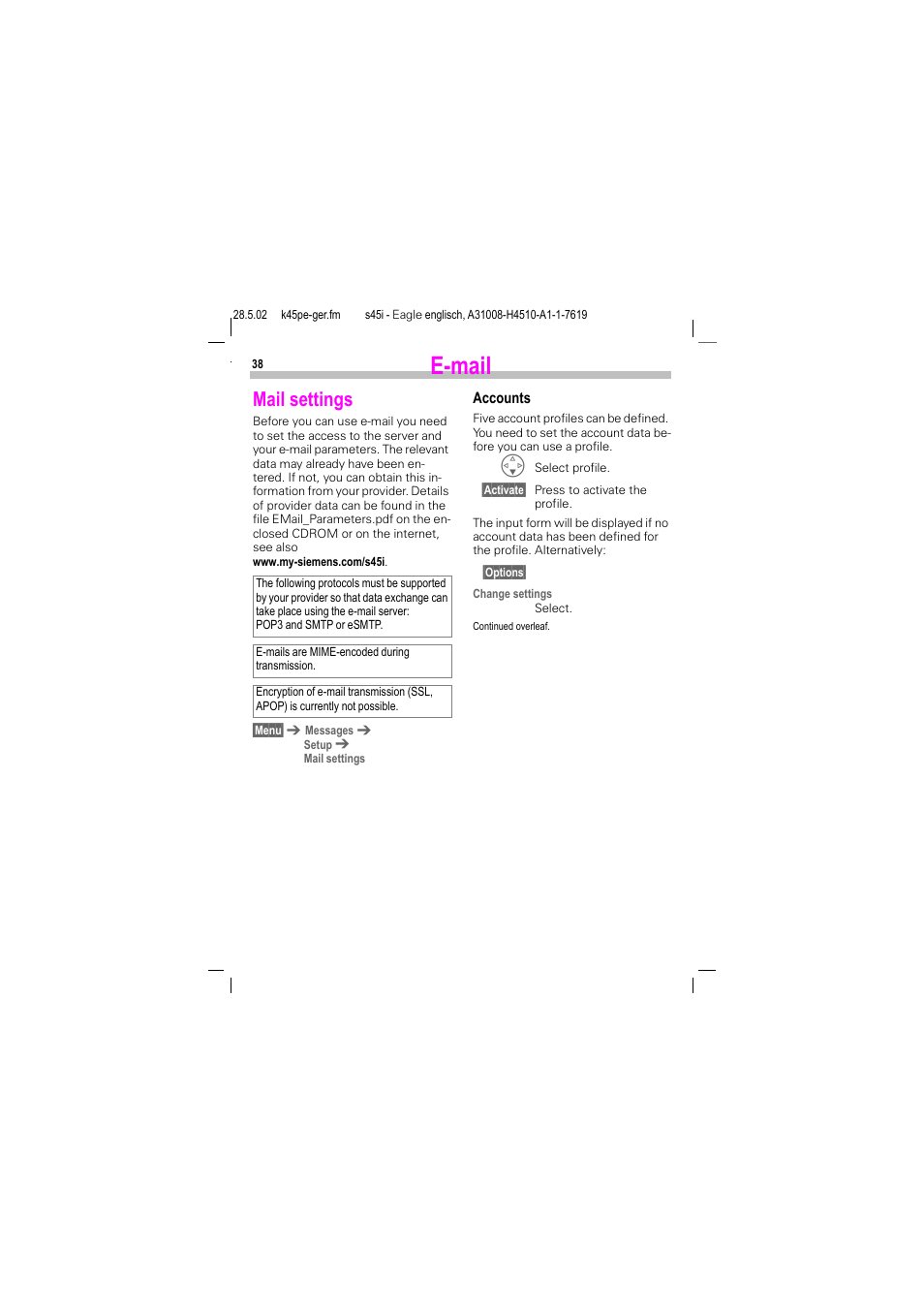 Mail settings, Ee (p. 38), P. 38) | E-mail | Siemens S45i User Manual | Page 39 / 110