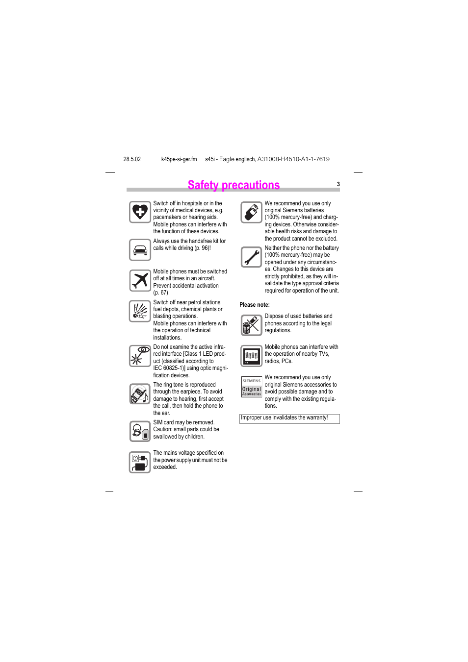 Safety precautions | Siemens S45i User Manual | Page 4 / 110