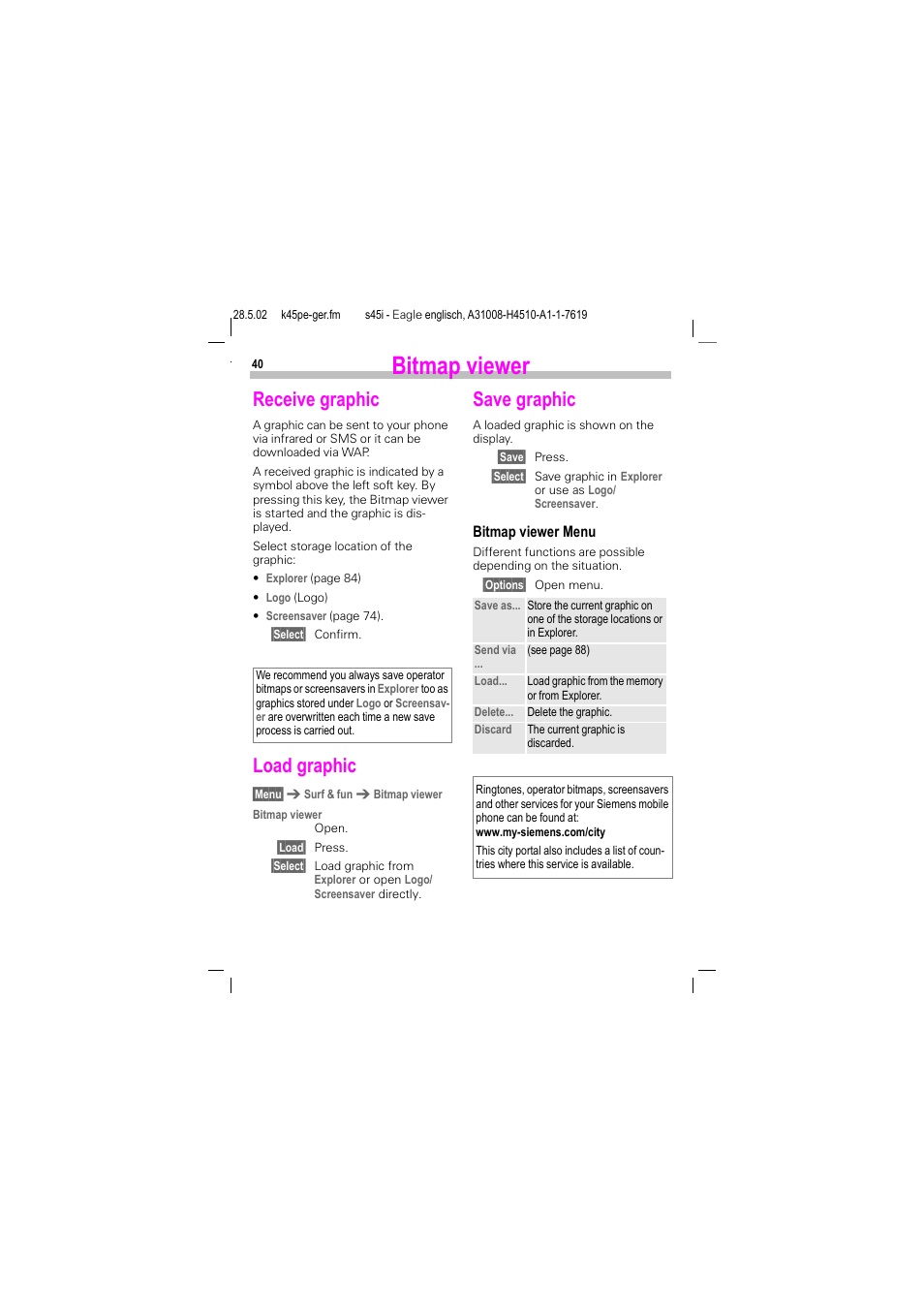 Bitmap viewer, Receive graphic, Load graphic | Save graphic, Receive graphic load graphic save graphic | Siemens S45i User Manual | Page 41 / 110