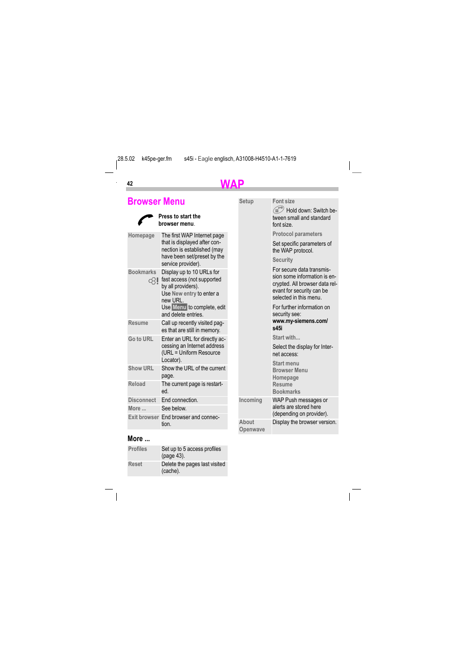 Browser menu | Siemens S45i User Manual | Page 43 / 110