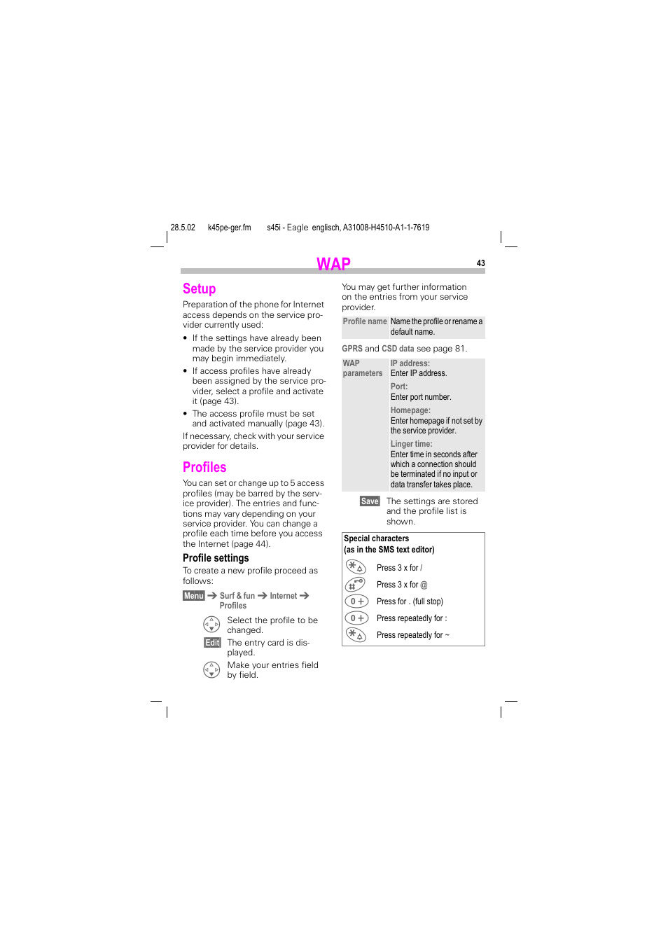 Setup, Profiles, Setup profiles | Siemens S45i User Manual | Page 44 / 110