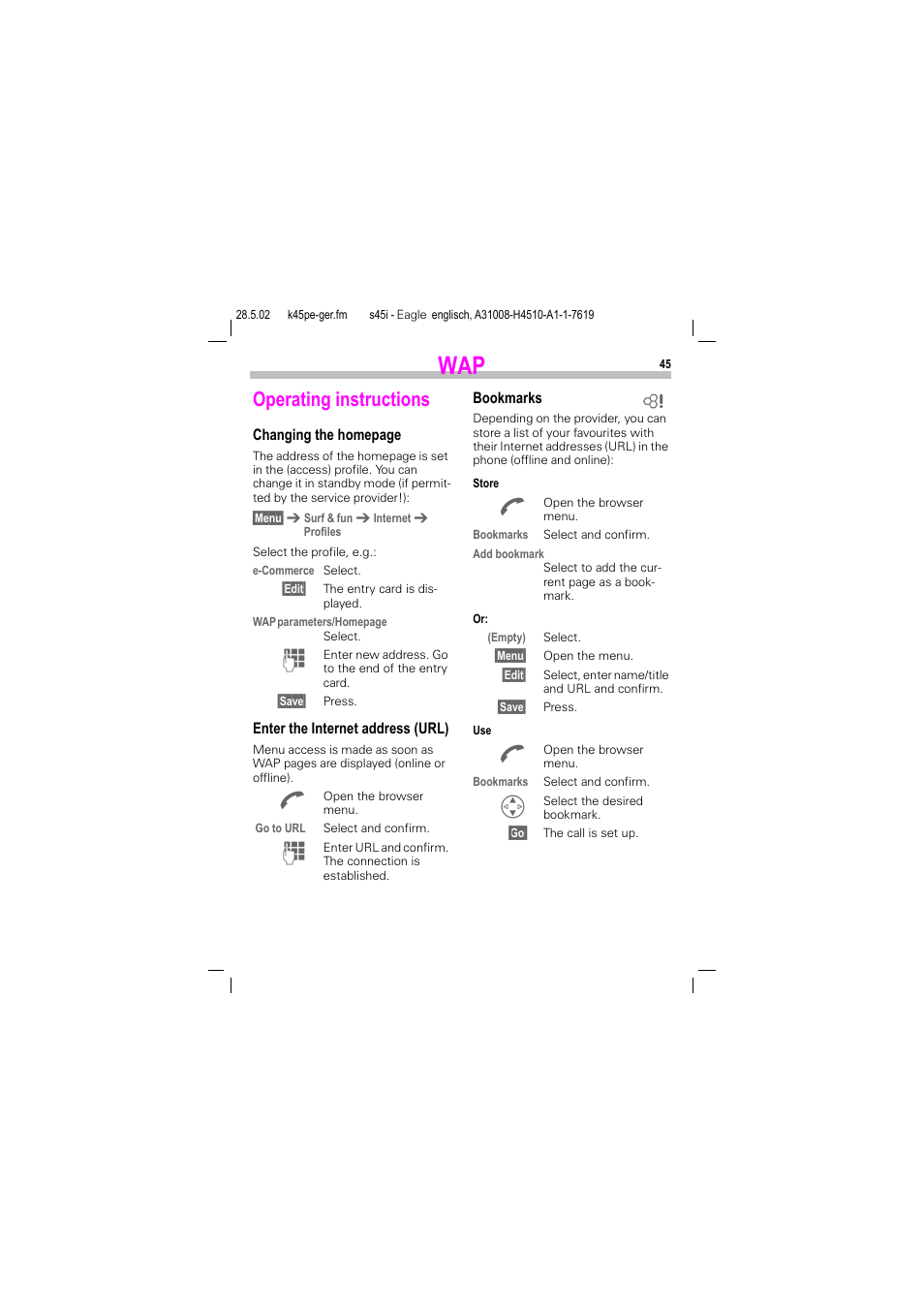 Operating instructions | Siemens S45i User Manual | Page 46 / 110