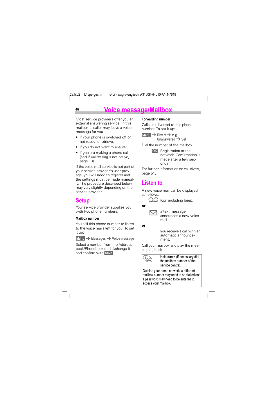 Voice message/mailbox, Setup, Listen to | Siemens S45i User Manual | Page 47 / 110