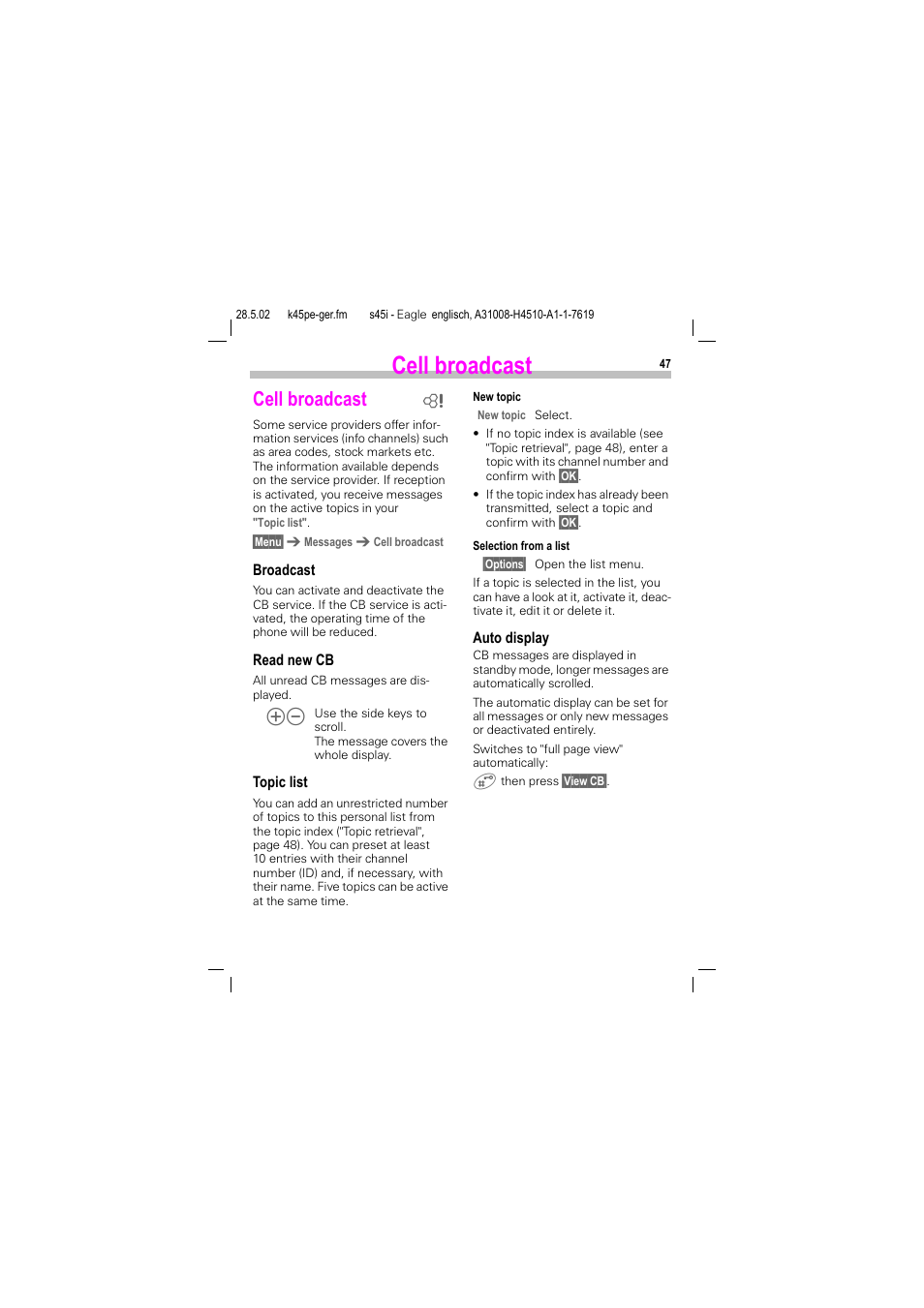 Cell broadcast | Siemens S45i User Manual | Page 48 / 110