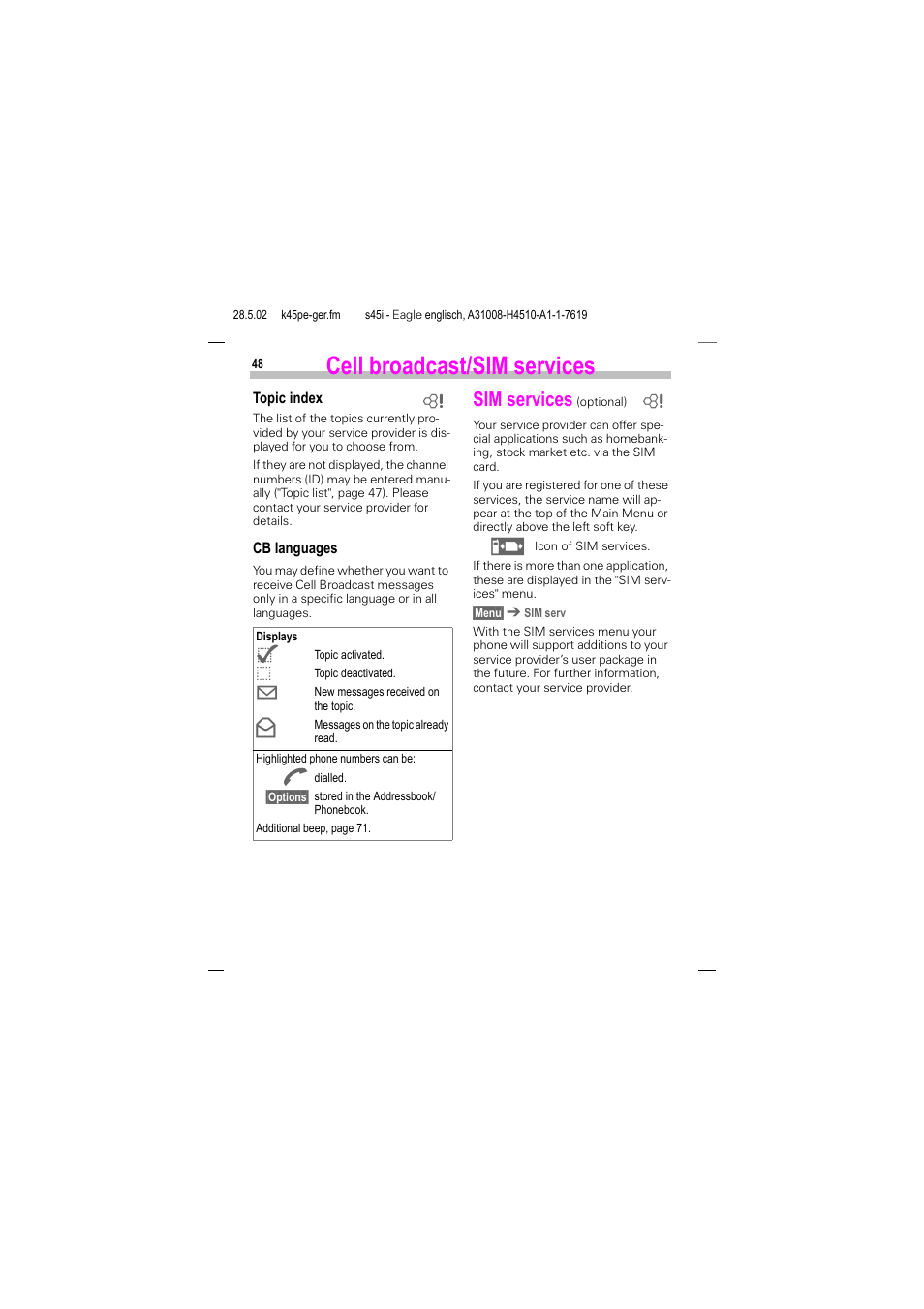 Sim services (optional), Sim services (opti, Cell broadcast/sim services | Sim services | Siemens S45i User Manual | Page 49 / 110