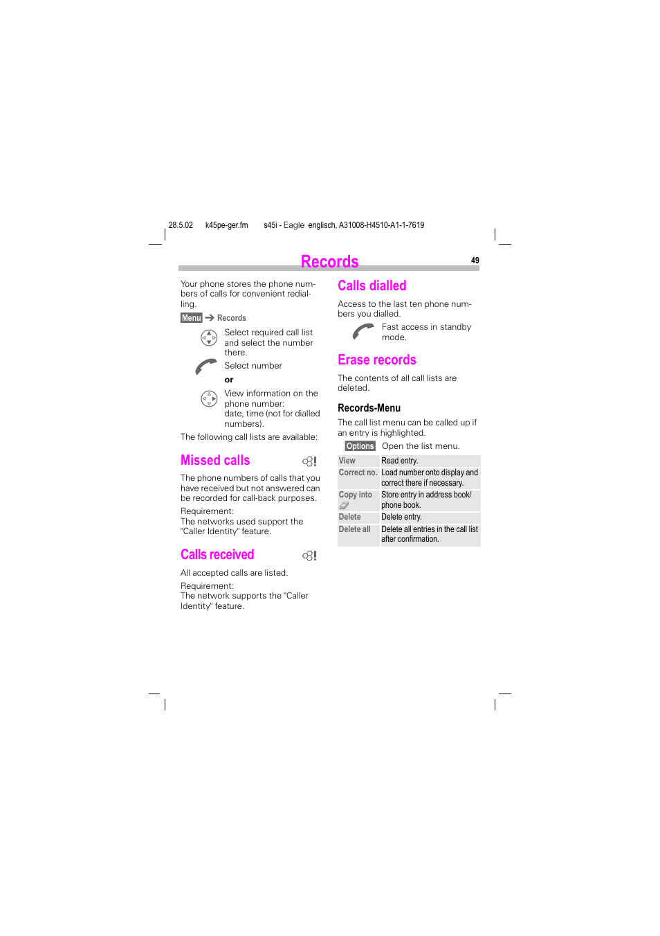 Records, Missed calls, Calls received | Calls dialled, Missed calls calls received calls dialled, Erase records | Siemens S45i User Manual | Page 50 / 110