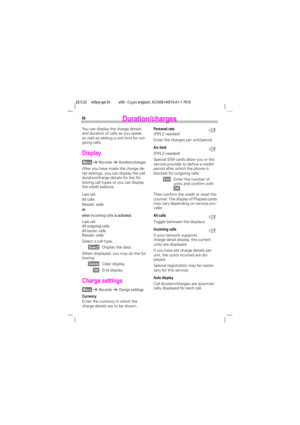 Duration/charges, Display, Charge settings | Display charge settings | Siemens S45i User Manual | Page 51 / 110