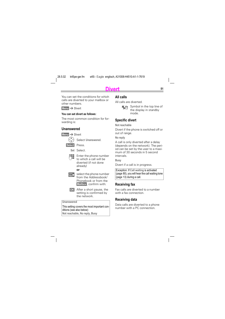 Divert | Siemens S45i User Manual | Page 52 / 110