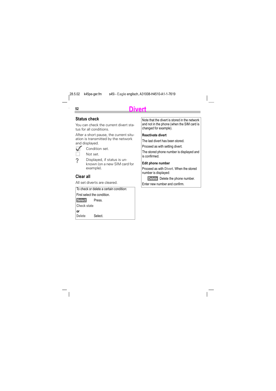 Divert | Siemens S45i User Manual | Page 53 / 110