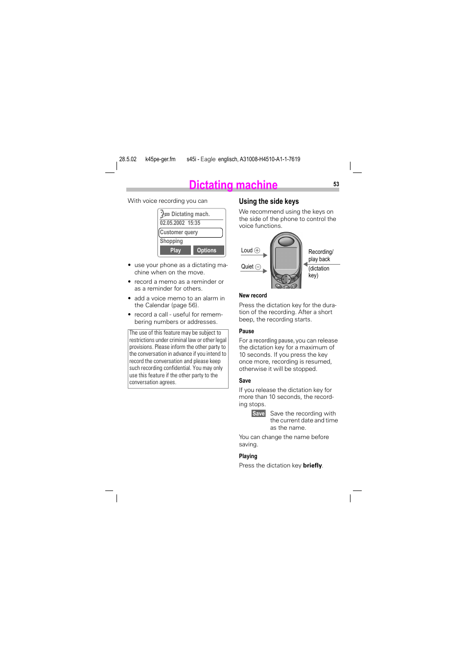 Dictating machine | Siemens S45i User Manual | Page 54 / 110