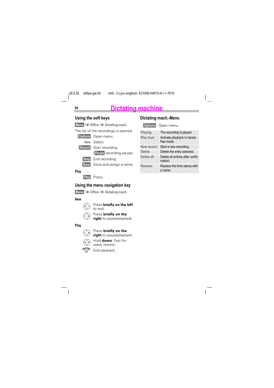 Dictating machine | Siemens S45i User Manual | Page 55 / 110