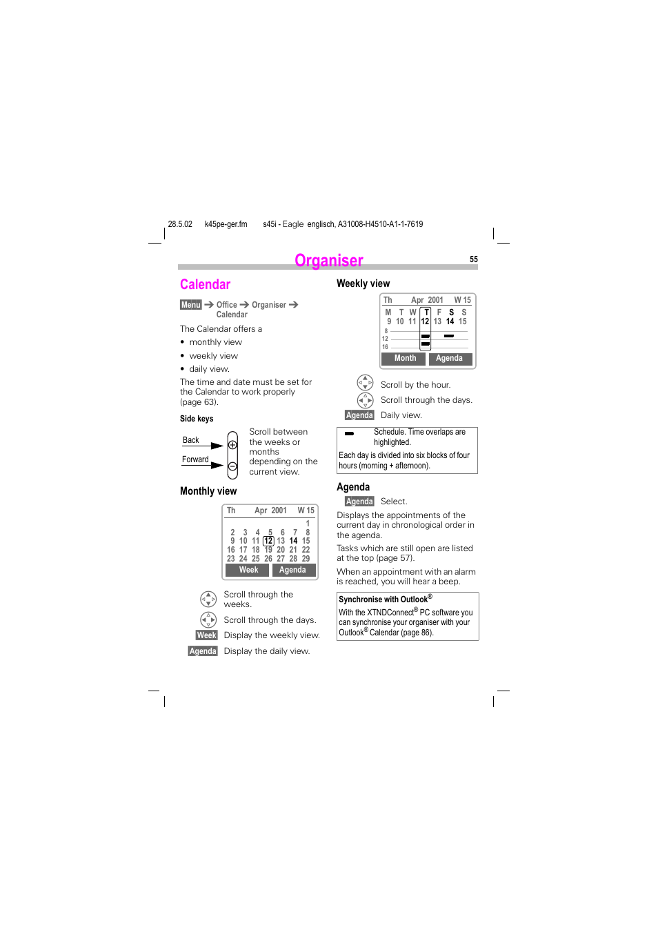 Organiser, Calendar | Siemens S45i User Manual | Page 56 / 110