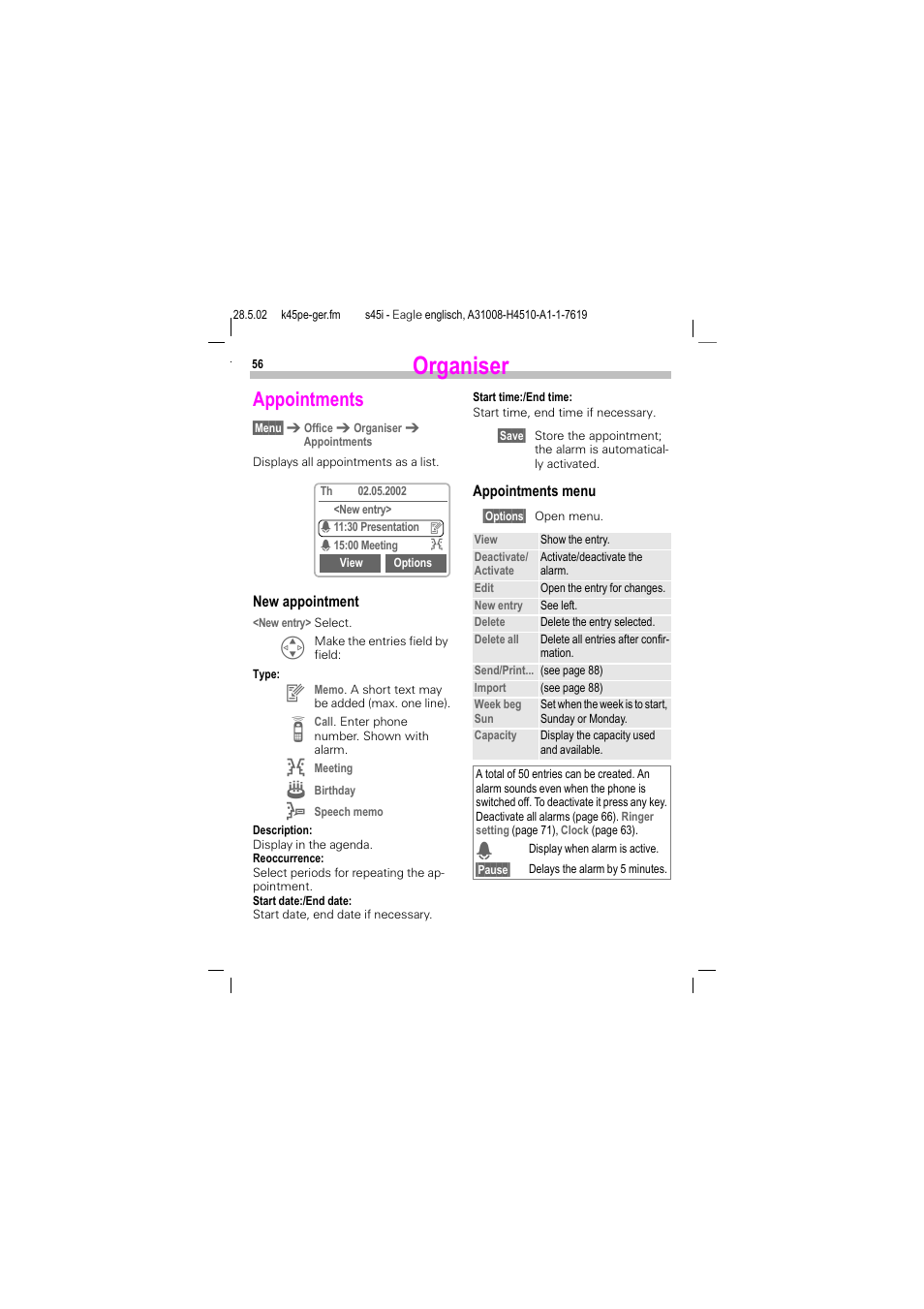 Appointments, Organiser | Siemens S45i User Manual | Page 57 / 110