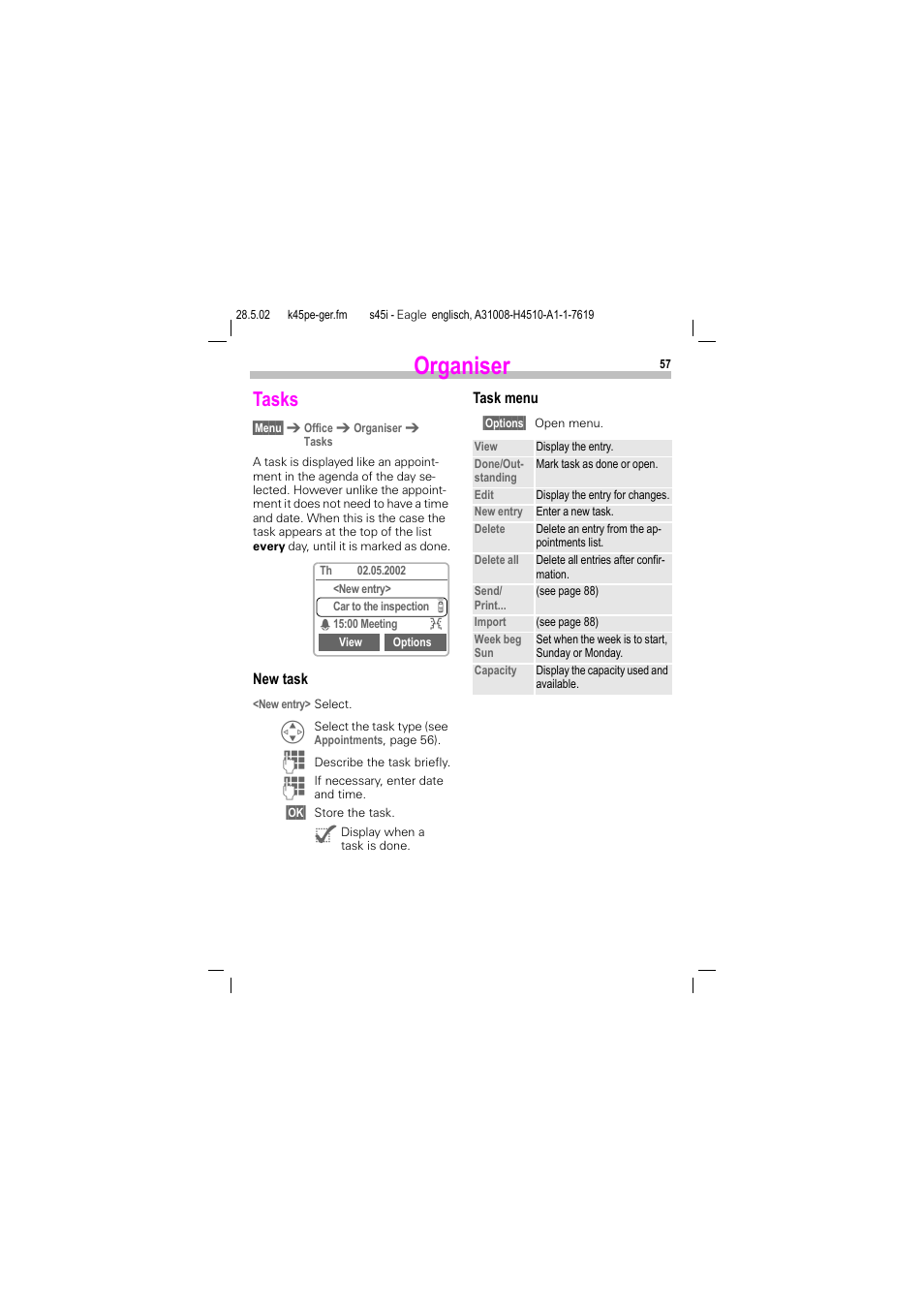 Tasks, Organiser | Siemens S45i User Manual | Page 58 / 110