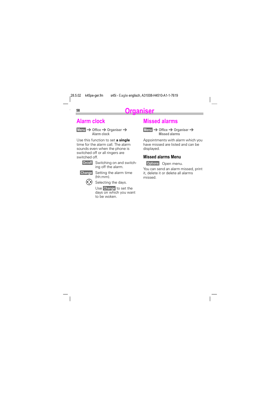 Alarm clock, Missed alarms, Alarm clock missed alarms | Organiser | Siemens S45i User Manual | Page 59 / 110