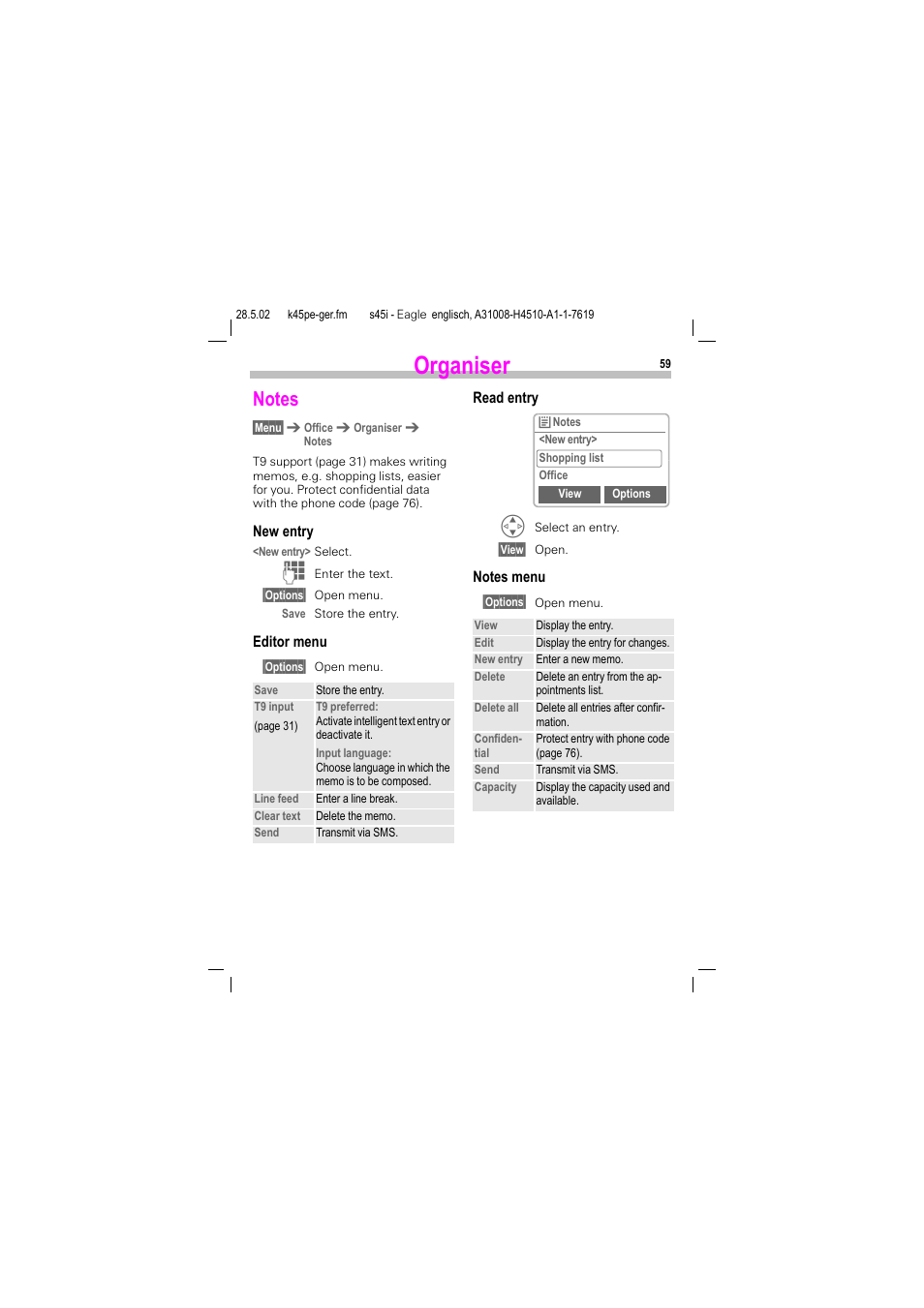 Notes, Organiser | Siemens S45i User Manual | Page 60 / 110