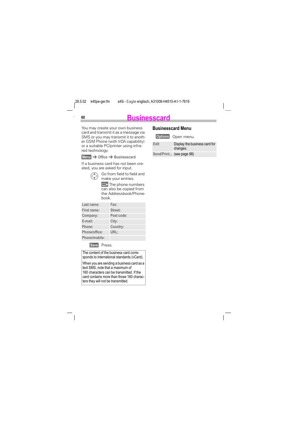 Businesscard | Siemens S45i User Manual | Page 61 / 110