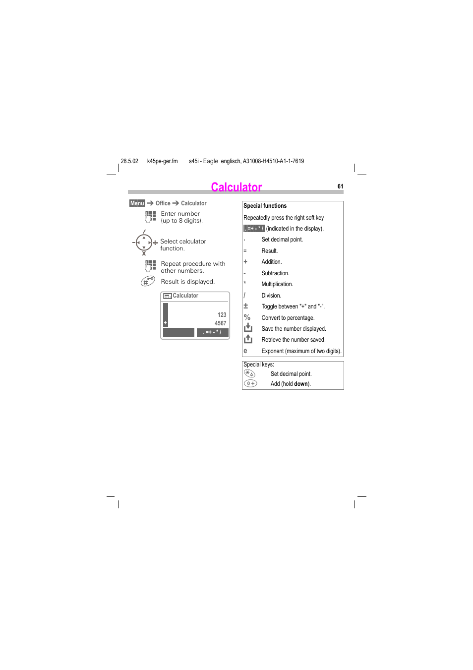 Calculator | Siemens S45i User Manual | Page 62 / 110