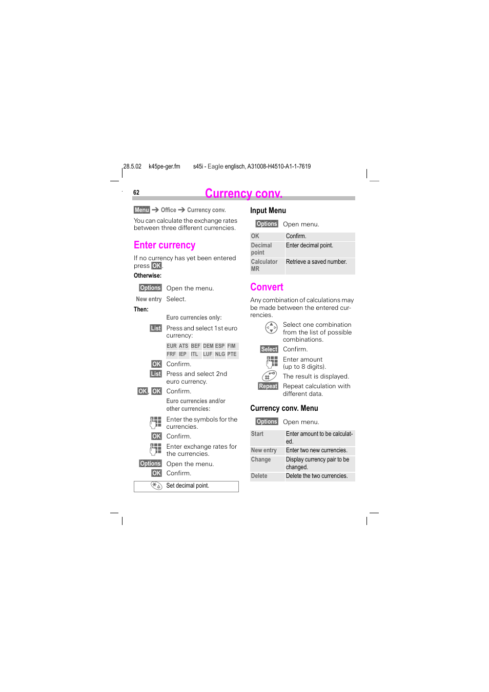 Currency conv, Enter currency, Convert | Siemens S45i User Manual | Page 63 / 110