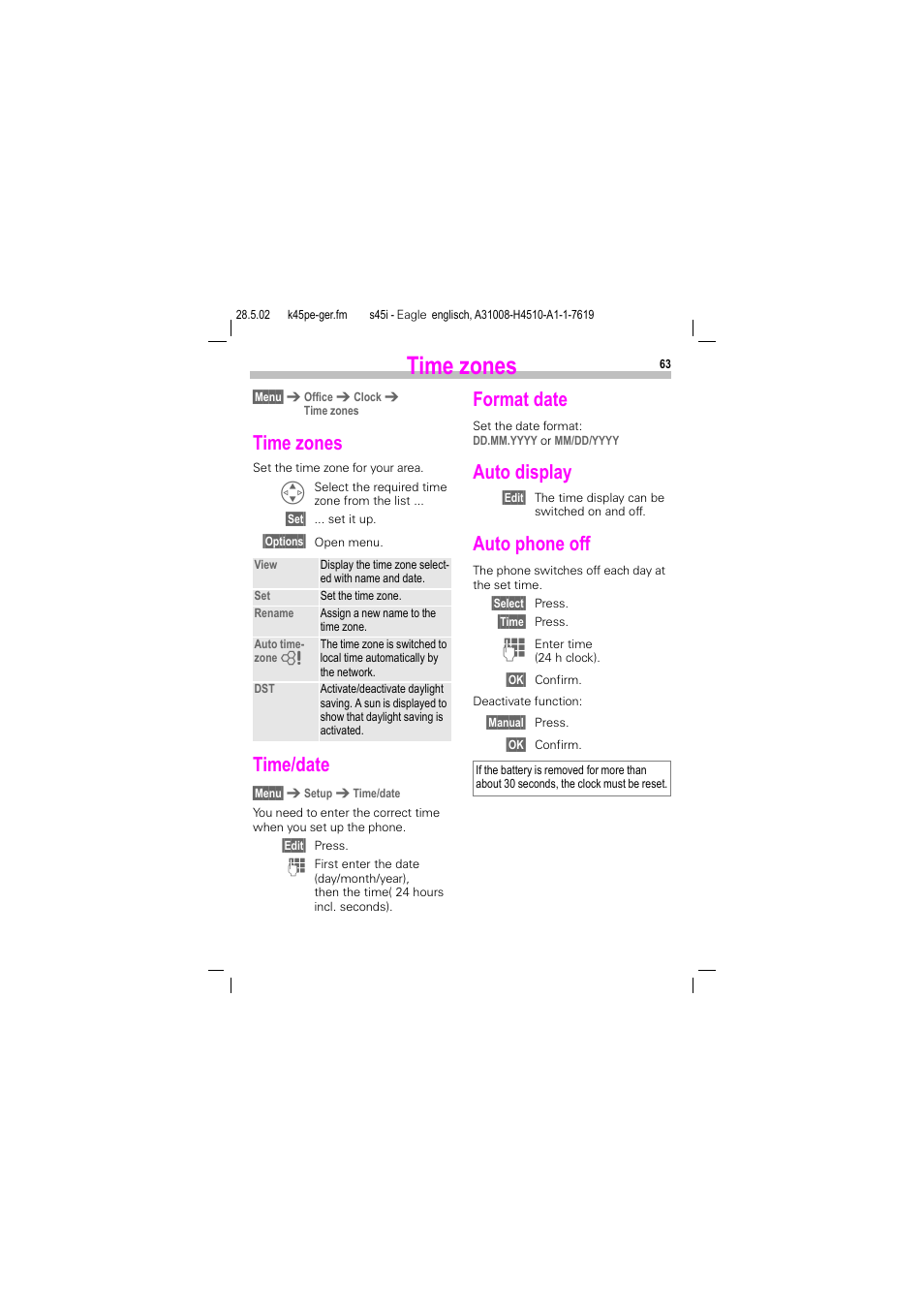 Time zones, Time/date, Format date | Auto phone off, Time/date format date auto phone off, Auto display | Siemens S45i User Manual | Page 64 / 110