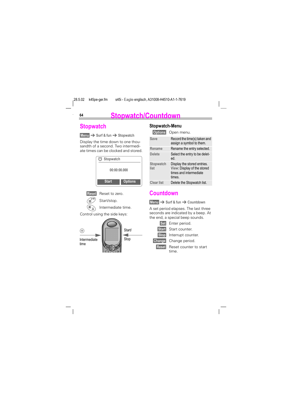 Stopwatch/countdown, Stopwatch, Countdown | Siemens S45i User Manual | Page 65 / 110