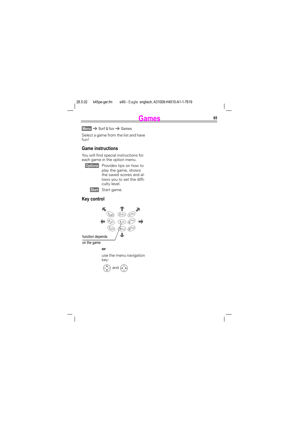 Games | Siemens S45i User Manual | Page 66 / 110