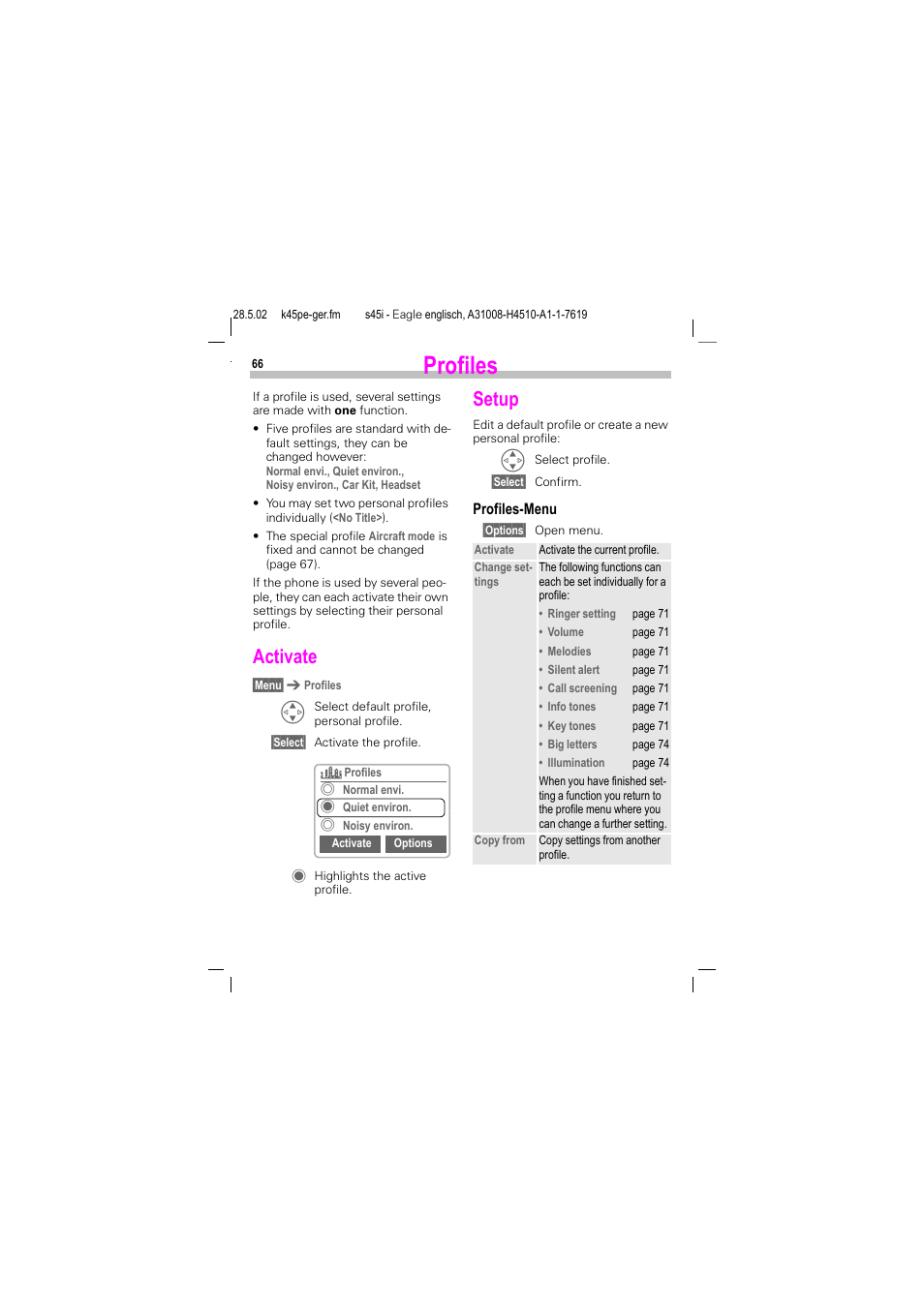 Profiles, Setup, Activate | Siemens S45i User Manual | Page 67 / 110