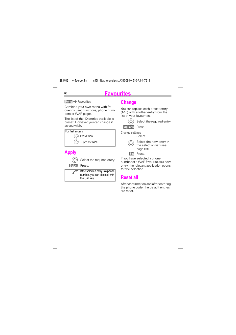 Favourites, Apply, Change | Reset all | Siemens S45i User Manual | Page 69 / 110