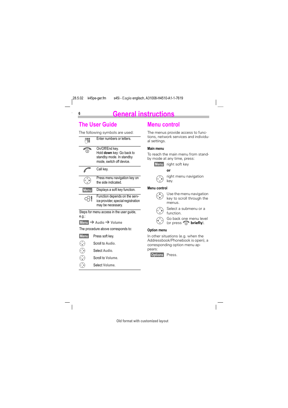 General instructions, The user guide, Menu control | The user guide menu control | Siemens S45i User Manual | Page 7 / 110