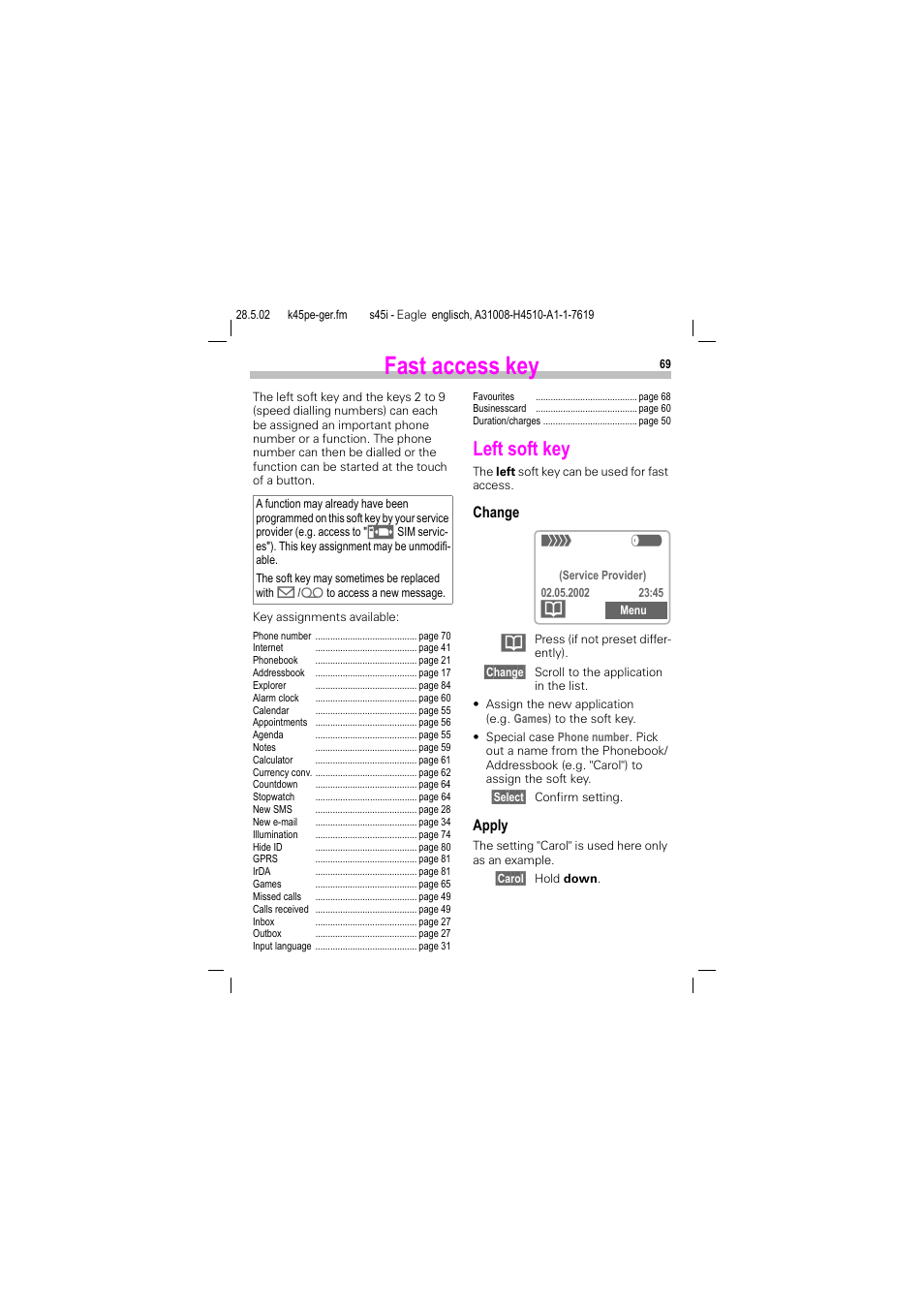 Fast access key, Left soft key | Siemens S45i User Manual | Page 70 / 110