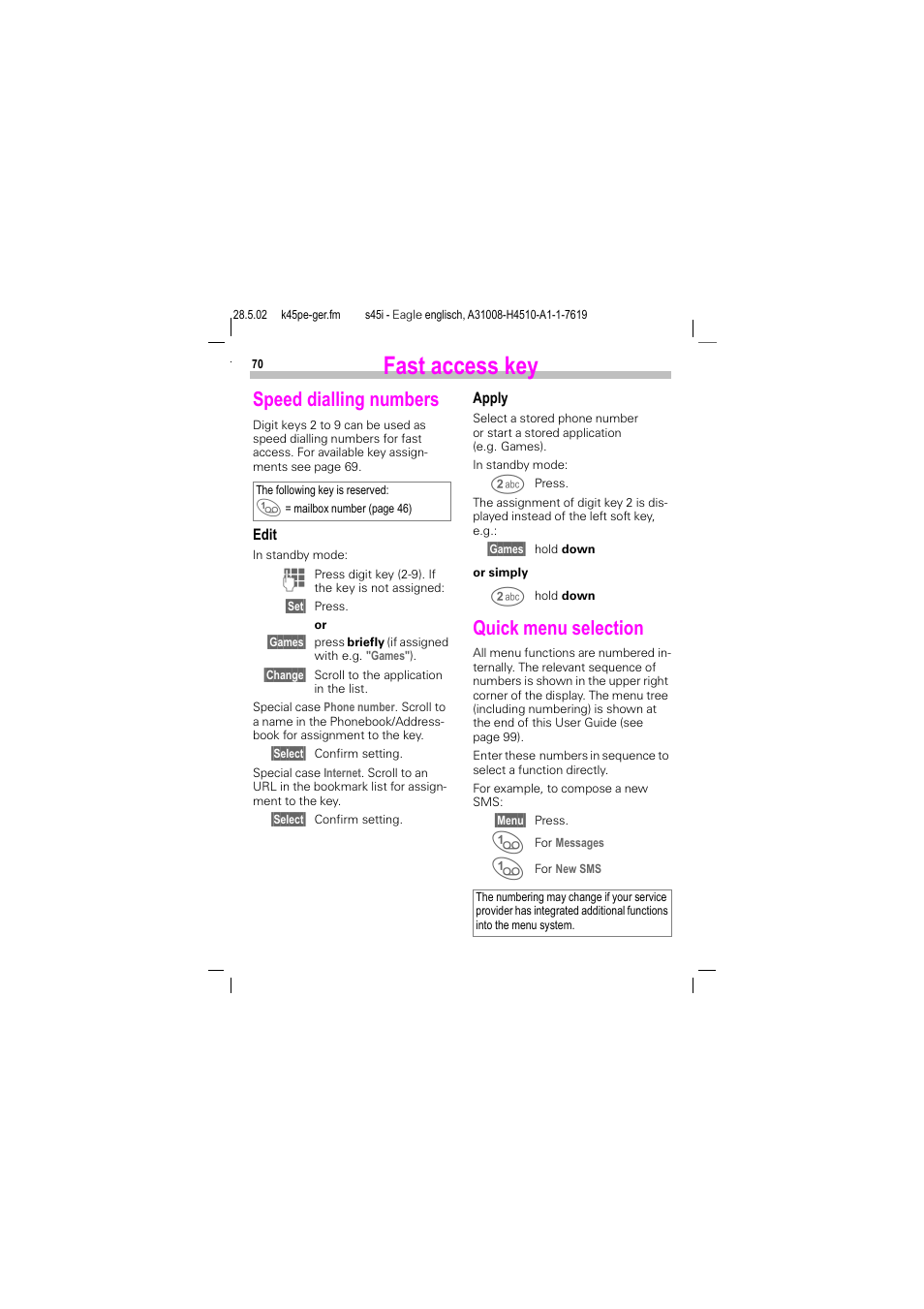 Speed dialling numbers, Quick menu selection, Speed dialling numbers quick menu selection | Fast access key | Siemens S45i User Manual | Page 71 / 110