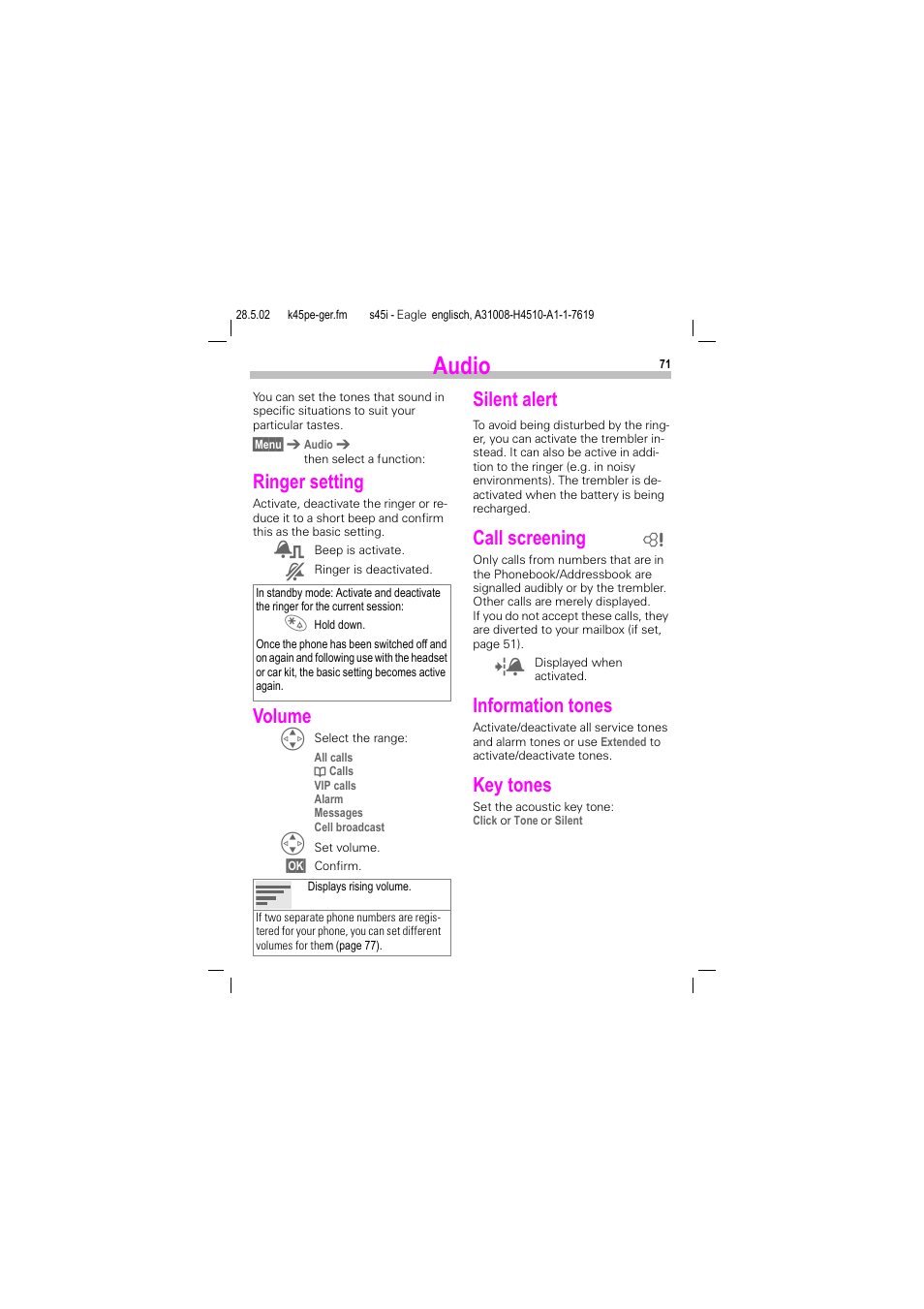 Audio, Ringer setting, Volume | Silent alert, Call screening, Information tones, Key tones | Siemens S45i User Manual | Page 72 / 110