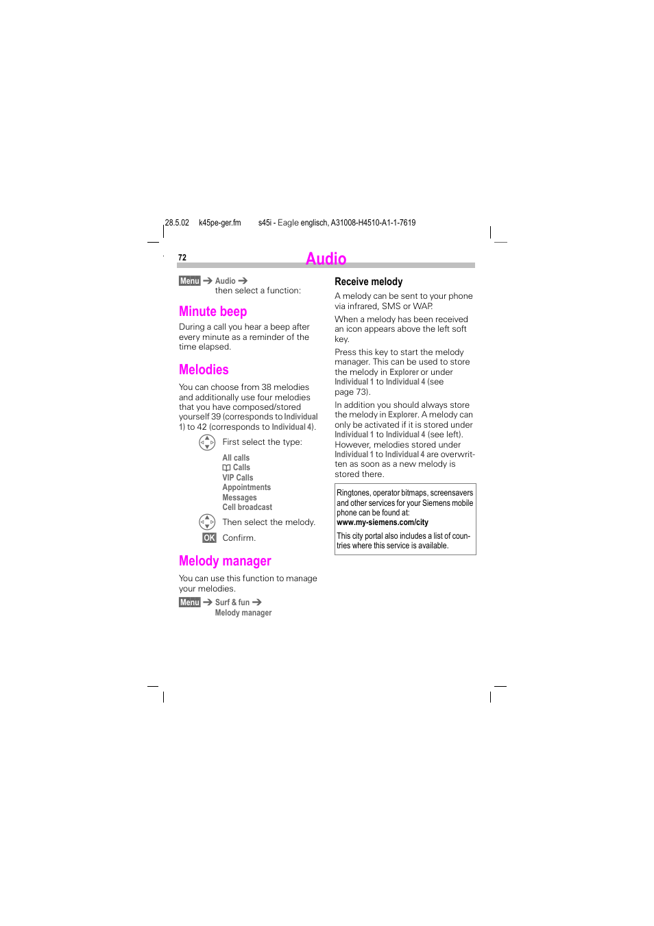 Minute beep, Melodies, Melody manager | Minute beep melodies melody manager, Audio | Siemens S45i User Manual | Page 73 / 110