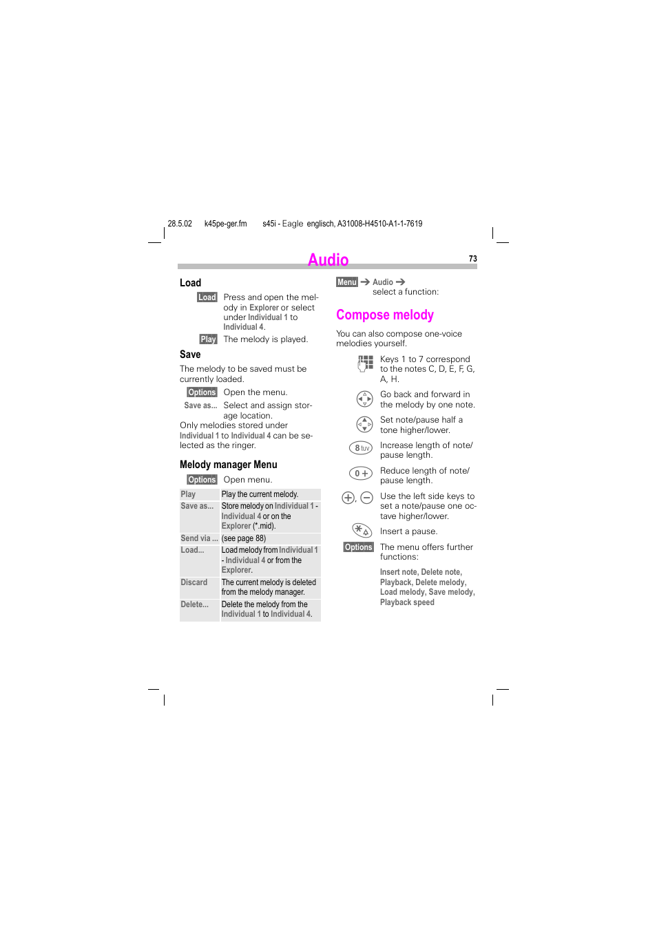 Compose melody, Audio | Siemens S45i User Manual | Page 74 / 110