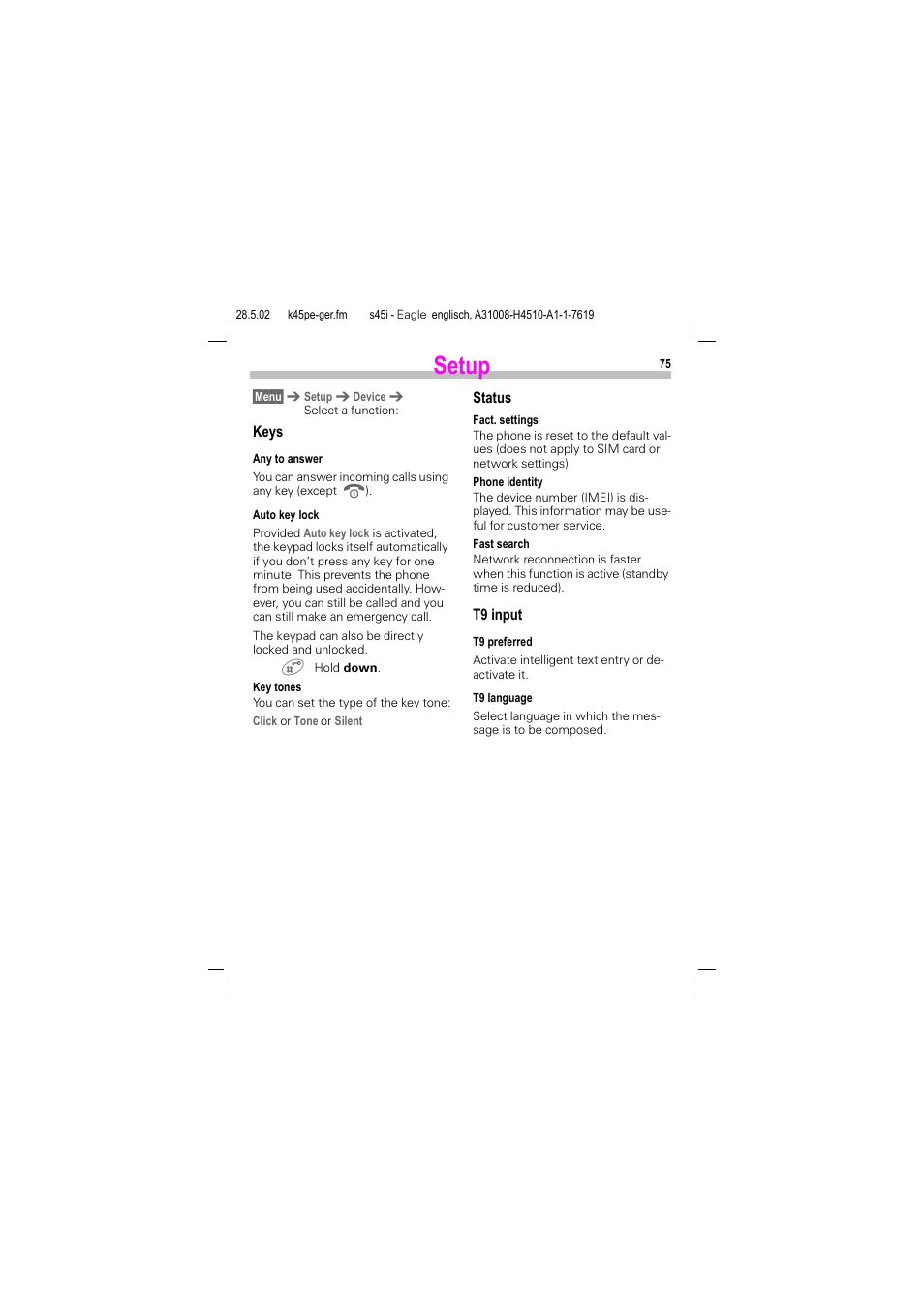 Setup | Siemens S45i User Manual | Page 76 / 110