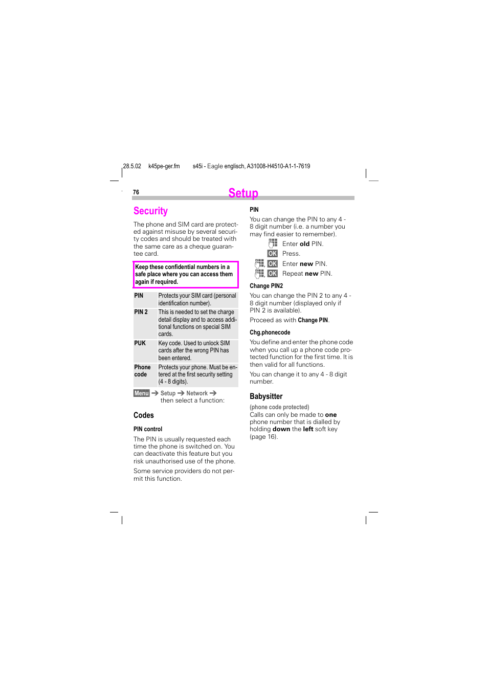 Security, Setup | Siemens S45i User Manual | Page 77 / 110