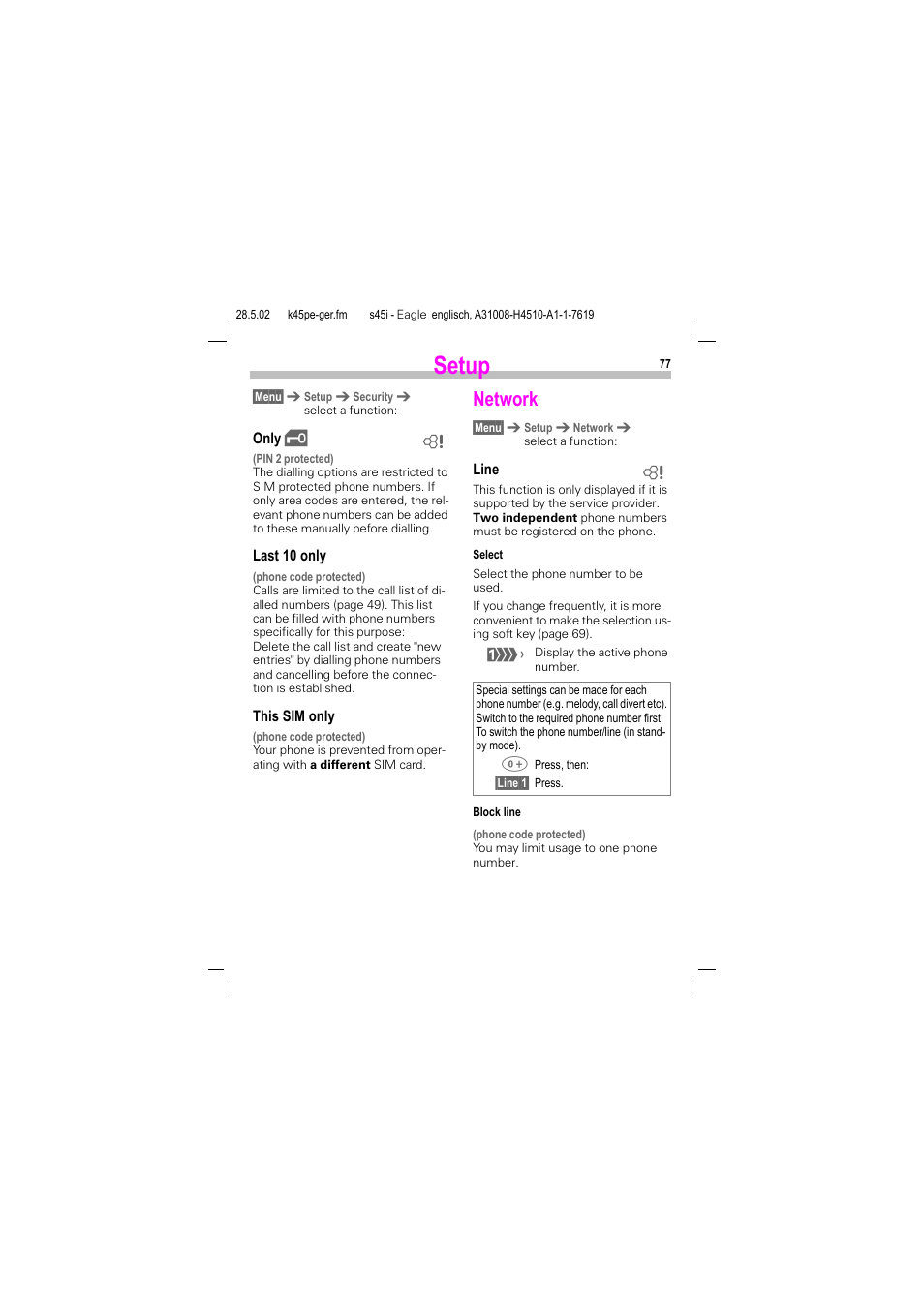 Network, Setup | Siemens S45i User Manual | Page 78 / 110